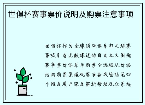 世俱杯赛事票价说明及购票注意事项