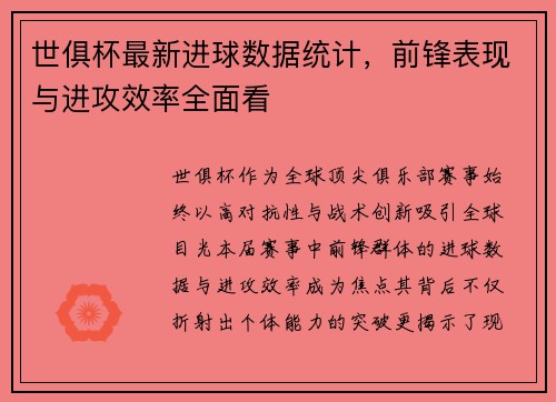 世俱杯最新进球数据统计，前锋表现与进攻效率全面看