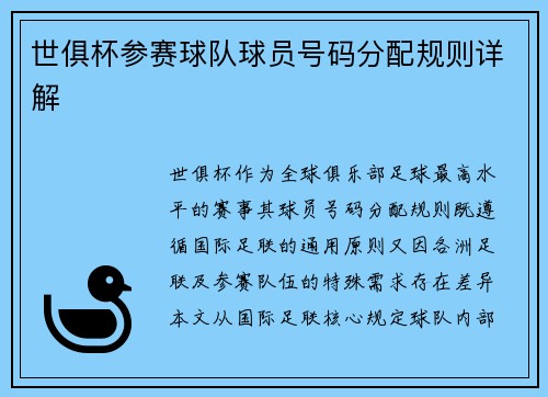 世俱杯参赛球队球员号码分配规则详解